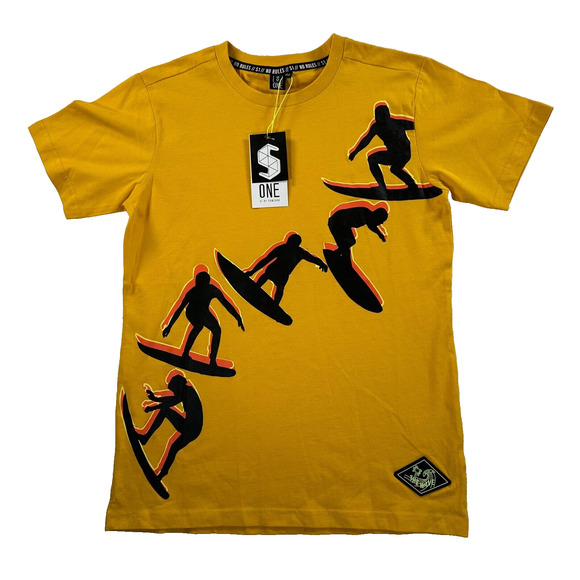 S1 Someone Kids 12 Year Old Ochre/Yellow Graphic Surfer Boy The Wave Tee Shirt - Picture 1 of 10